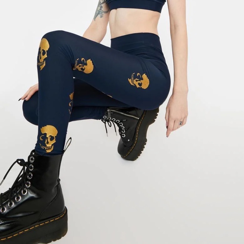CHRLDR Leggings skull print navy gold size Medium SKULL SHADOW HIGH WAIST pants